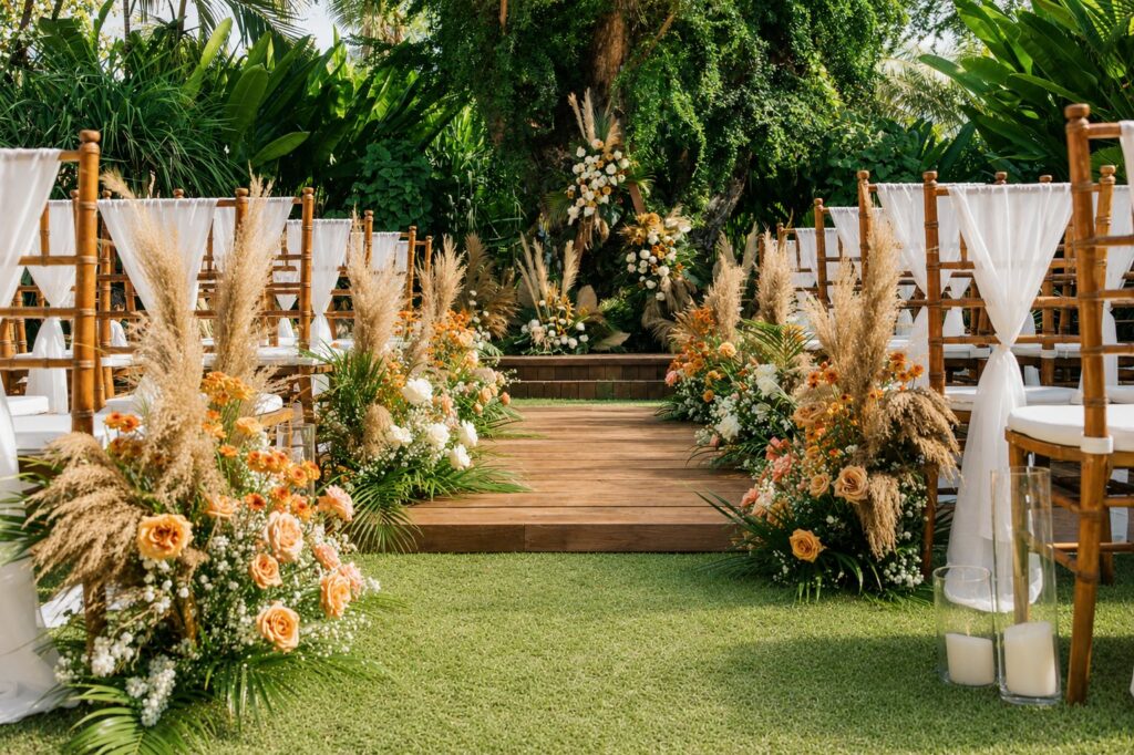 A wedding aisle on the lawn at Taman Surya garden, lined with pampas grass, orange and white flowers and chairs draped in white fabric