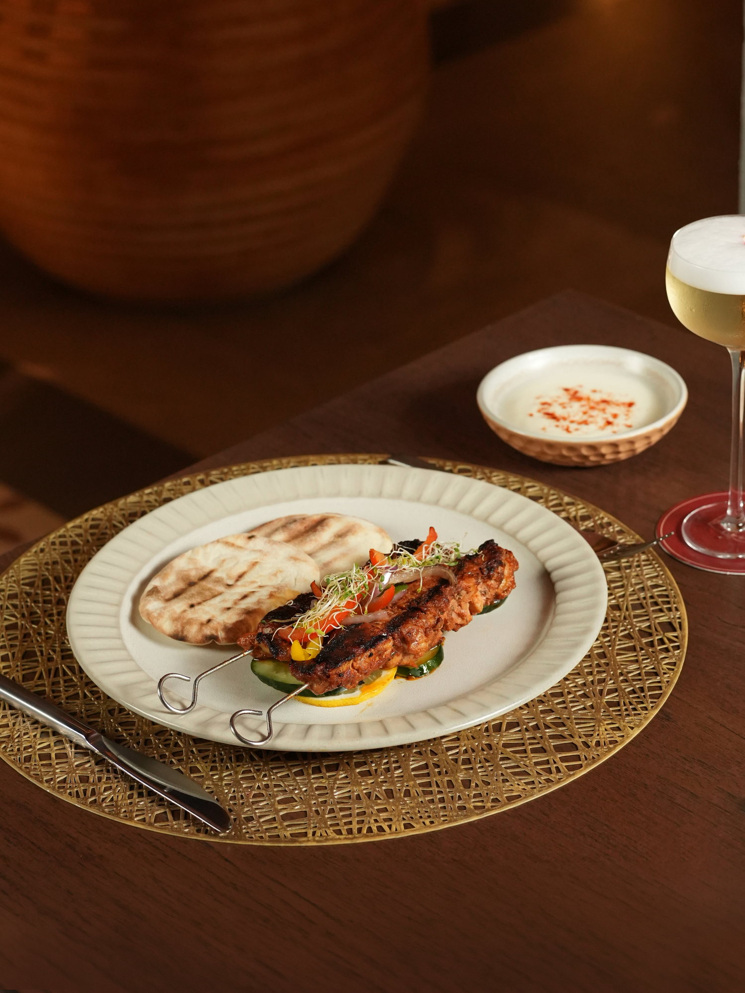 Grilled kebab skewers with peppers, courgette and grilled pita, with a yoghurt dip at Samira, Paradisus by Melia Bali