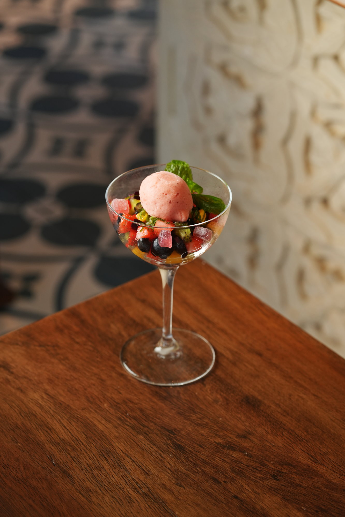 A coupe of fresh fruit with strawberry sorbet and mint at Sante, Paradisus by Melia Bali