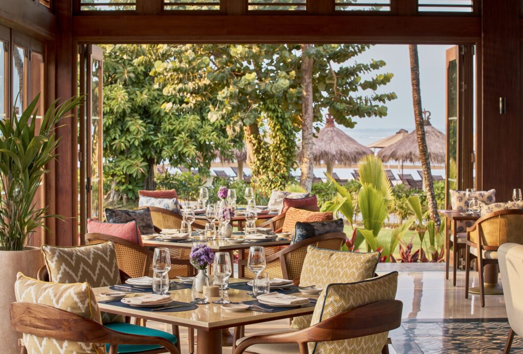 Santé restaurant at The Reserve, opening onto the garden and beach, Paradisus by Meliá Bali
