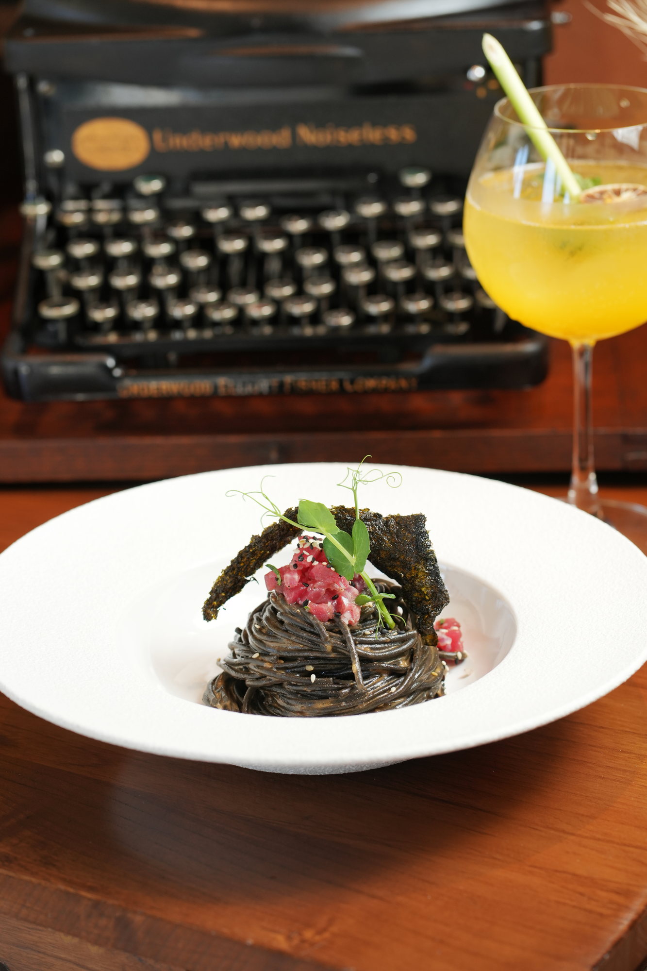 Squid-ink pasta topped with tuna tartare, sesame and crisp nori at Sante, Paradisus by Melia Bali