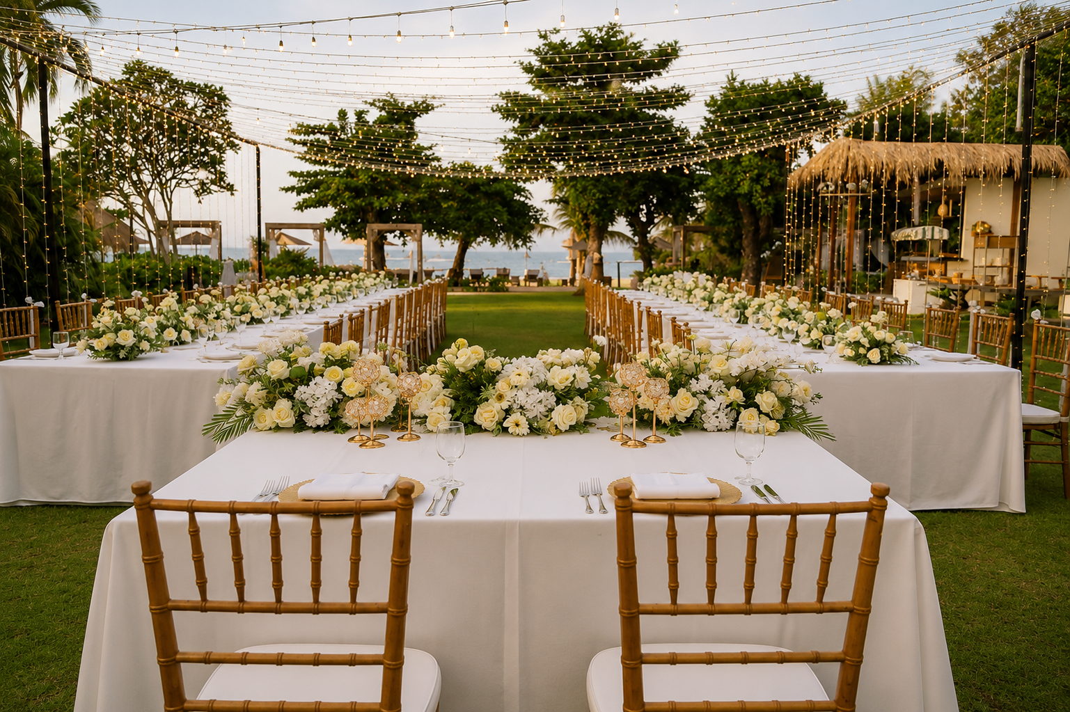 Long dinner tables with white floral runners set on the lawn at Taman Surya Garden, Paradisus by Meliá Bali, under canopy fairy lights at dusk with the sea behind