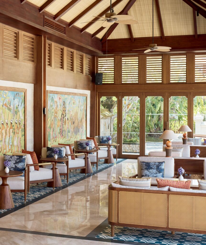 The Reserve Lounge with Balinese murals and garden views at Paradisus by Meliá Bali