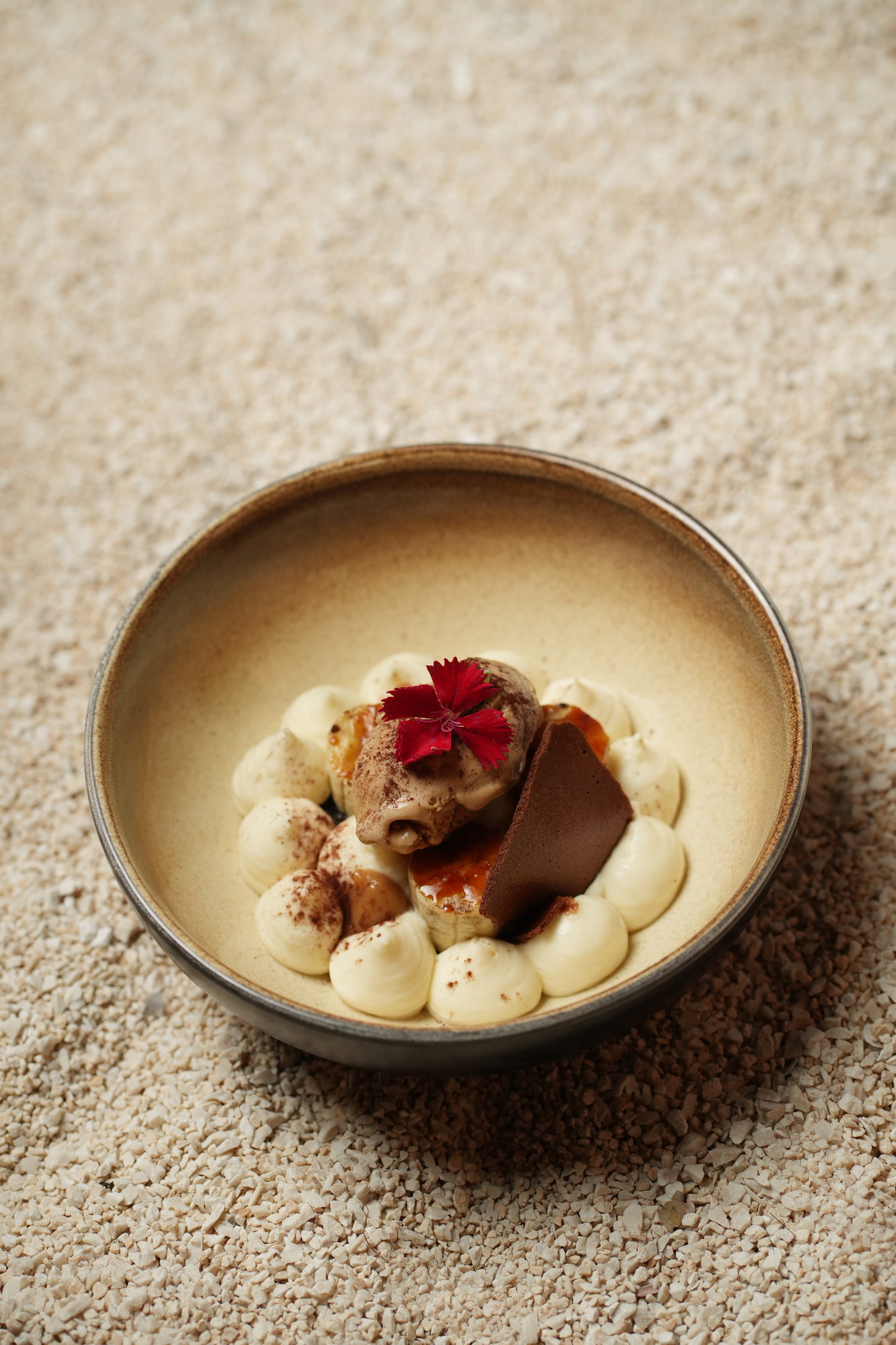 Caramelised banana with chocolate, coffee ice cream and piped cream at Tokimeku, Paradisus by Melia Bali